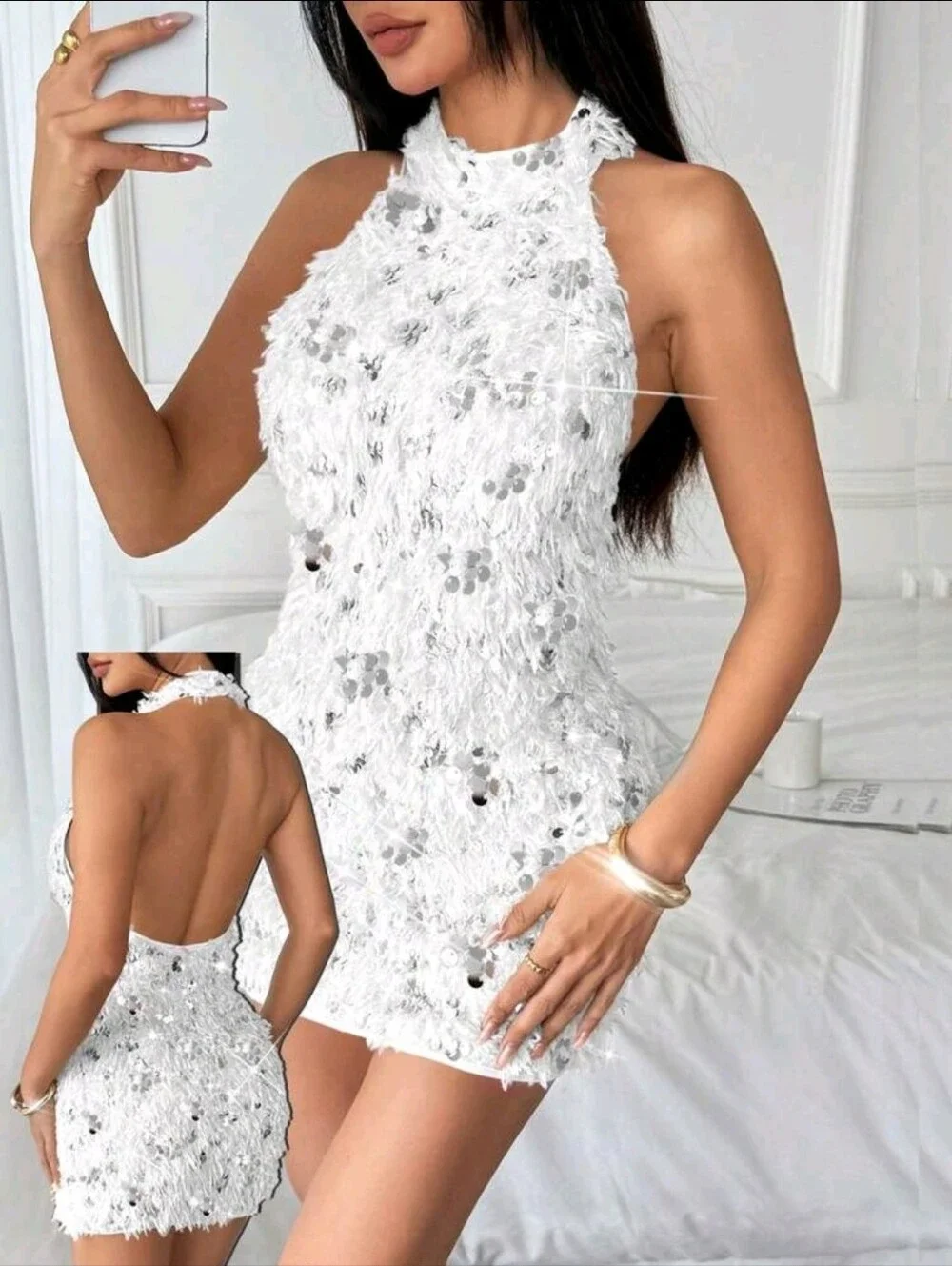 Almamuse Sequin Fringe Halter Bodycon Mini Dress